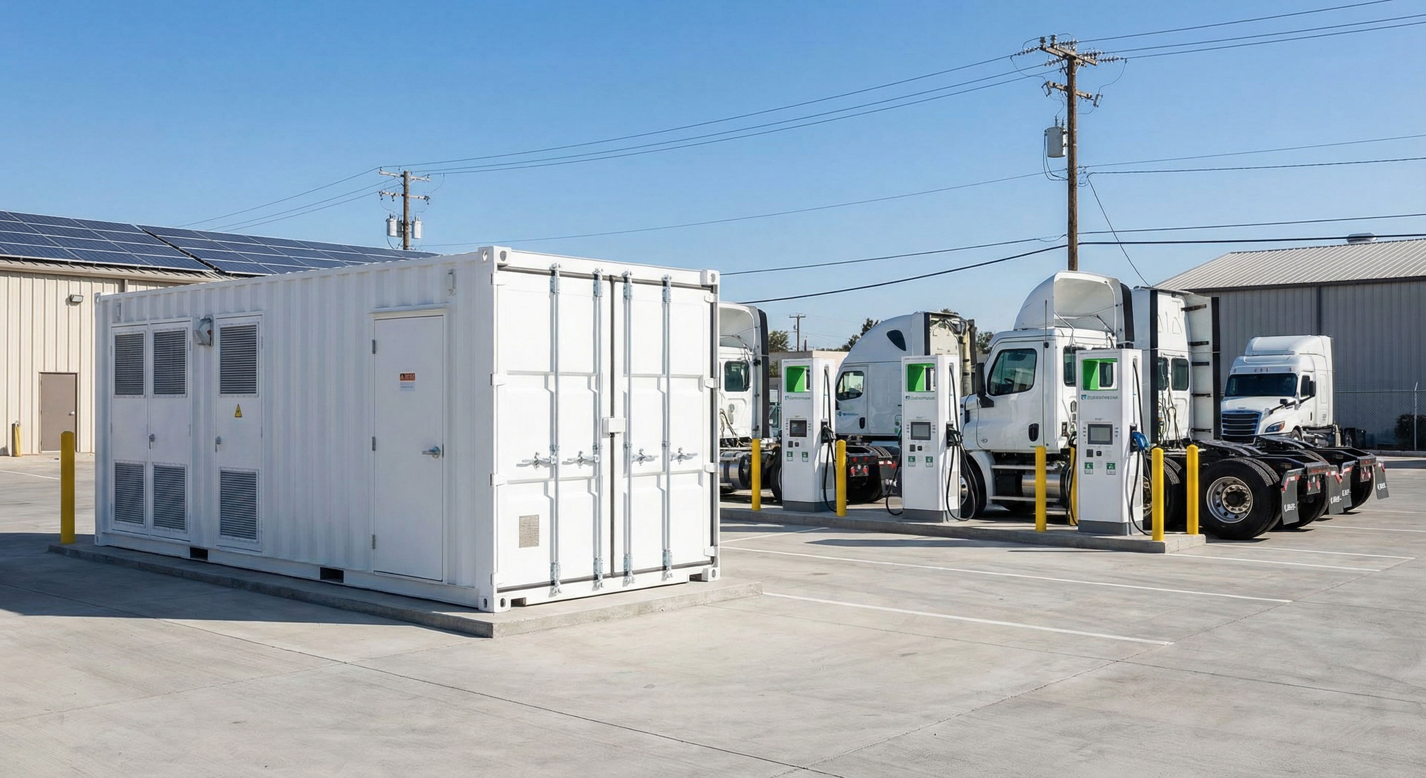 Batterijopslagsysteem (BESS) naast laadstations voor vrachtwagens op een industrieel depot