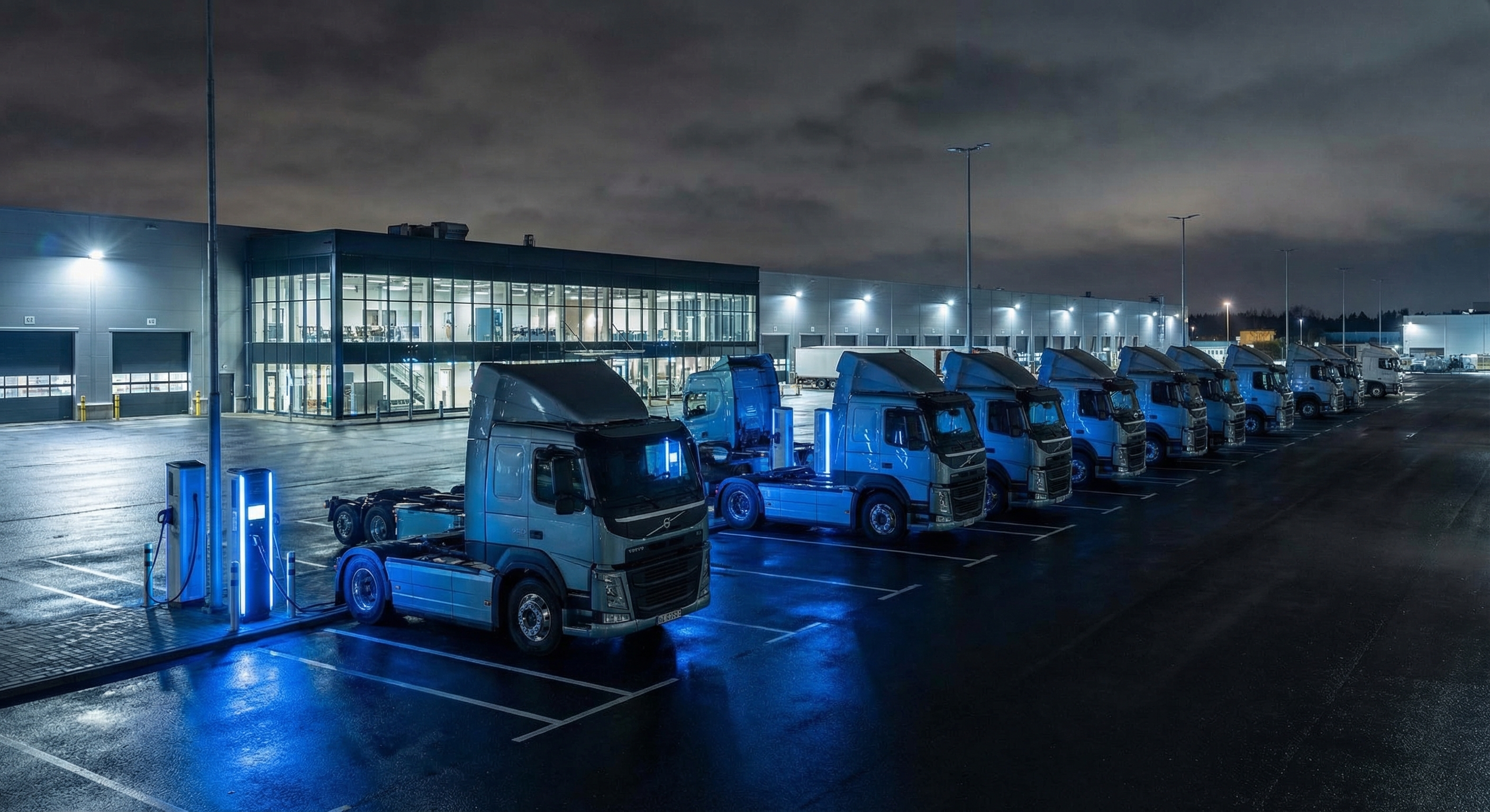 Elektrische vrachtwagens laden 's nachts op bij een modern logistiek depot met blauwe LED-verlichting van de laadpalen