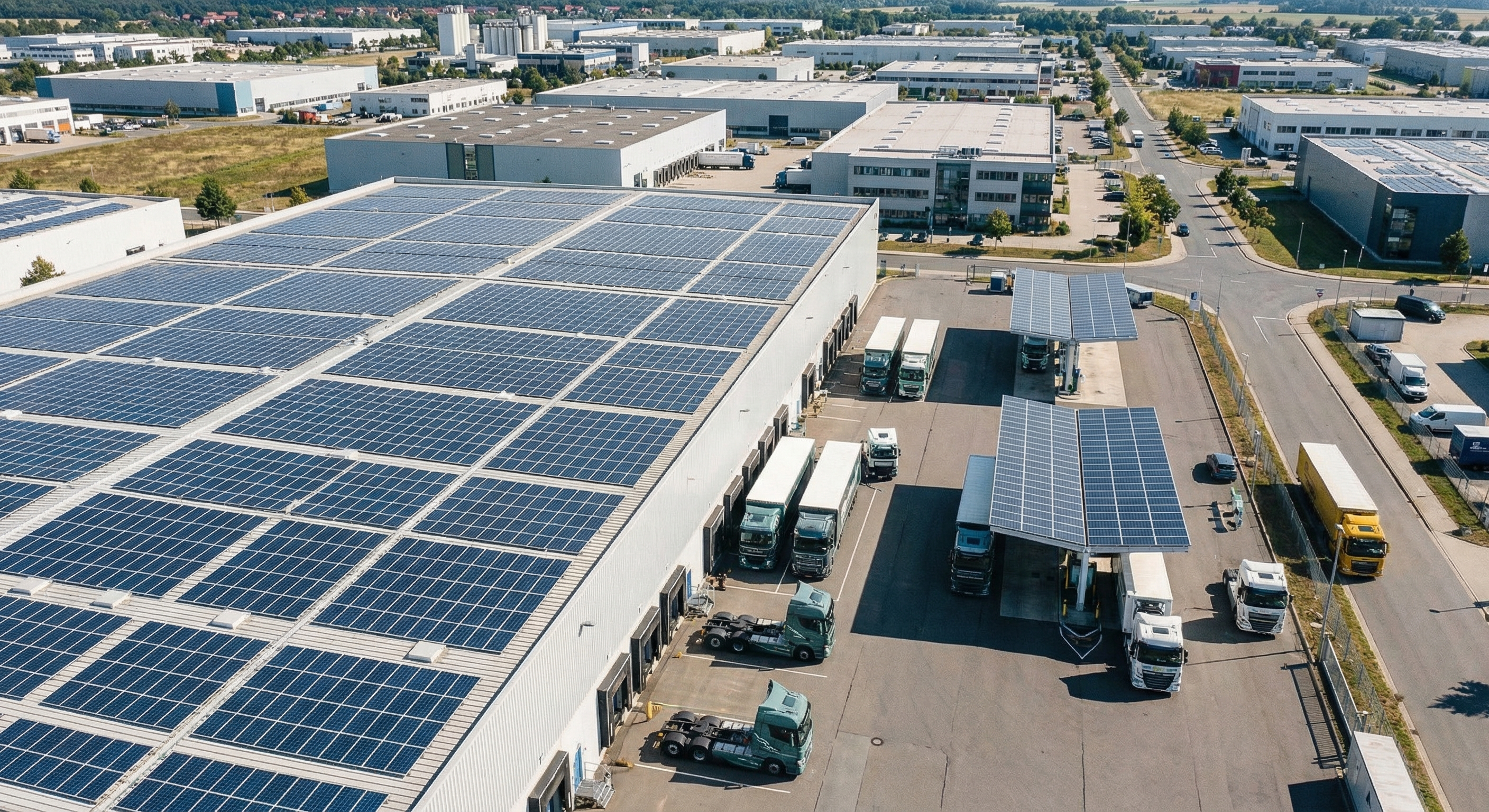 Zonnepanelen op een magazijndak boven een vrachtwagen-laaddepot met laadstations