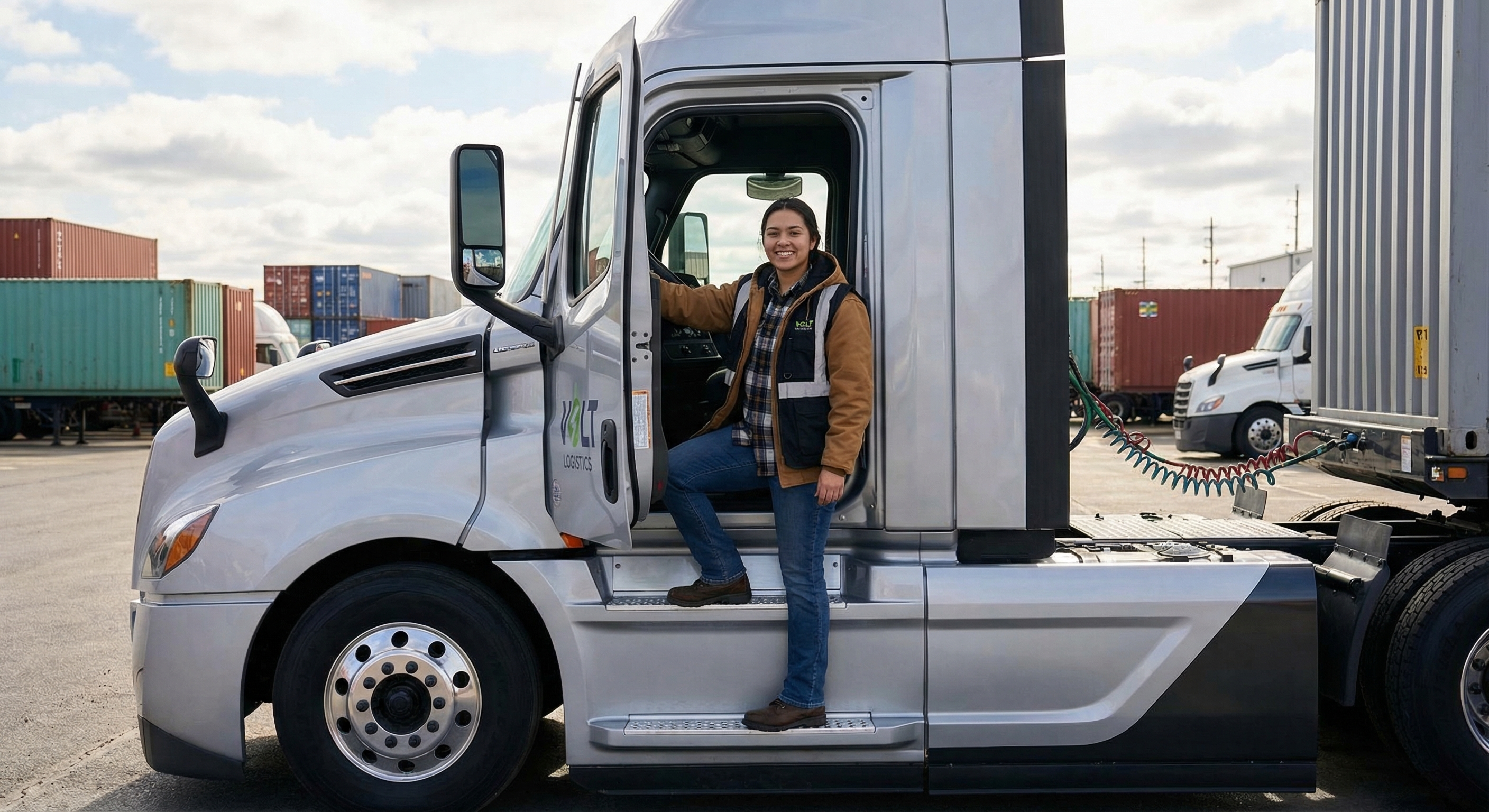 Jonge vrachtwagenchauffeur stapt in de cabine van een moderne elektrische vrachtwagen op een logistiek depot