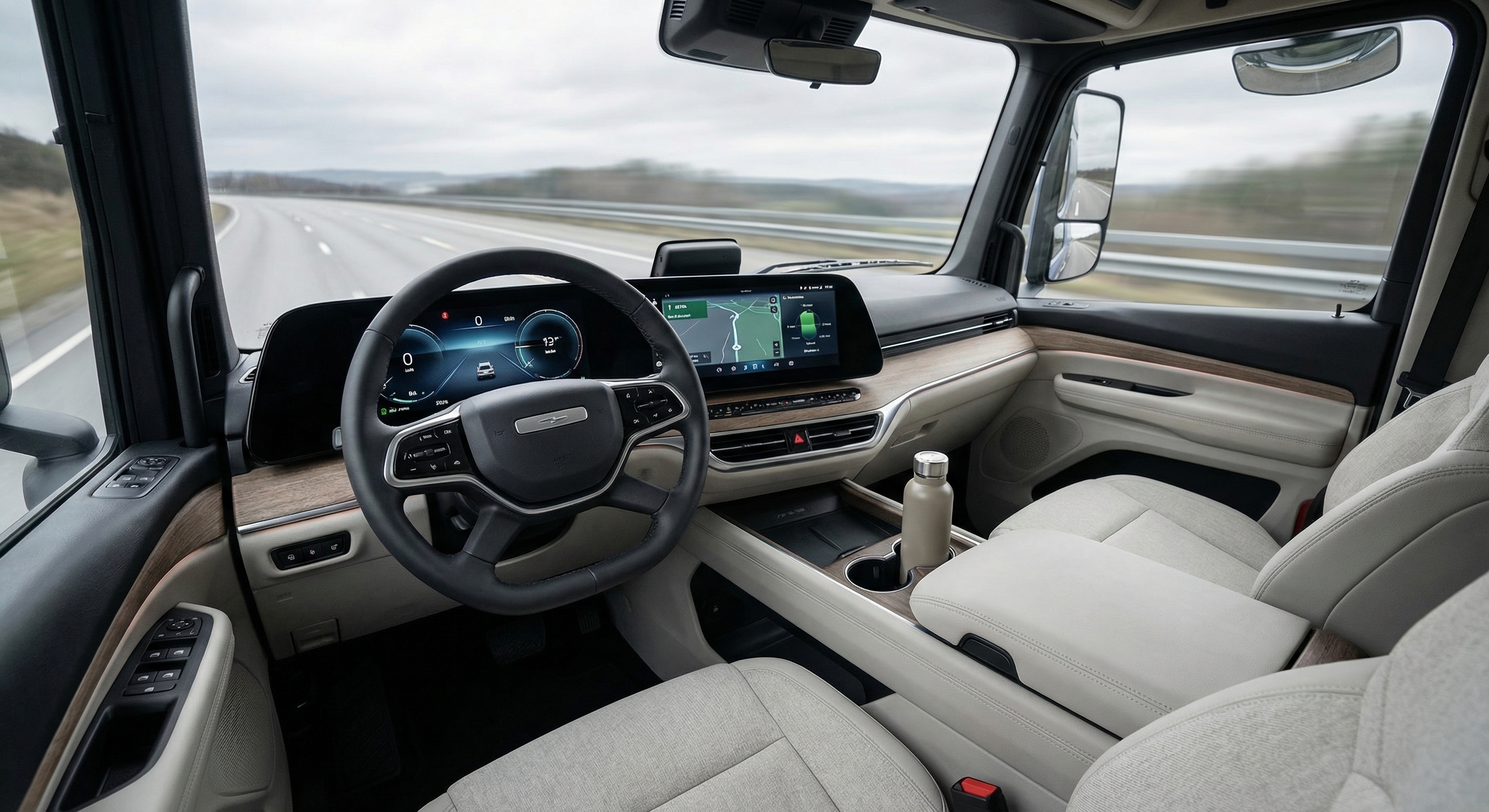 Modern interieur van een elektrische vrachtwagen cabine met digitaal dashboard en groot touchscreen