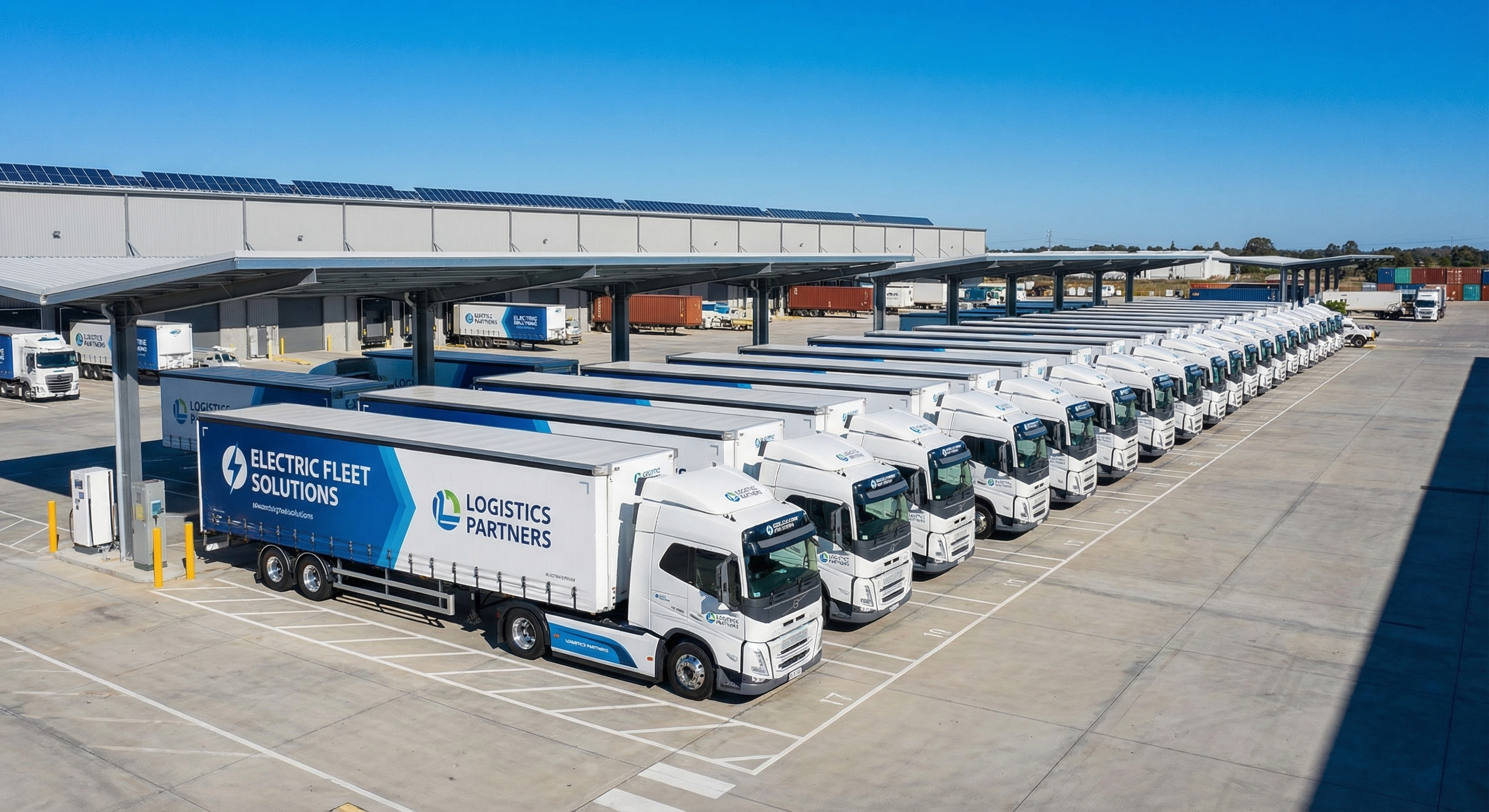 Vloot moderne elektrische vrachtwagens geparkeerd op een bedrijfsdepot met laadinfrastructuur en zonnepanelen