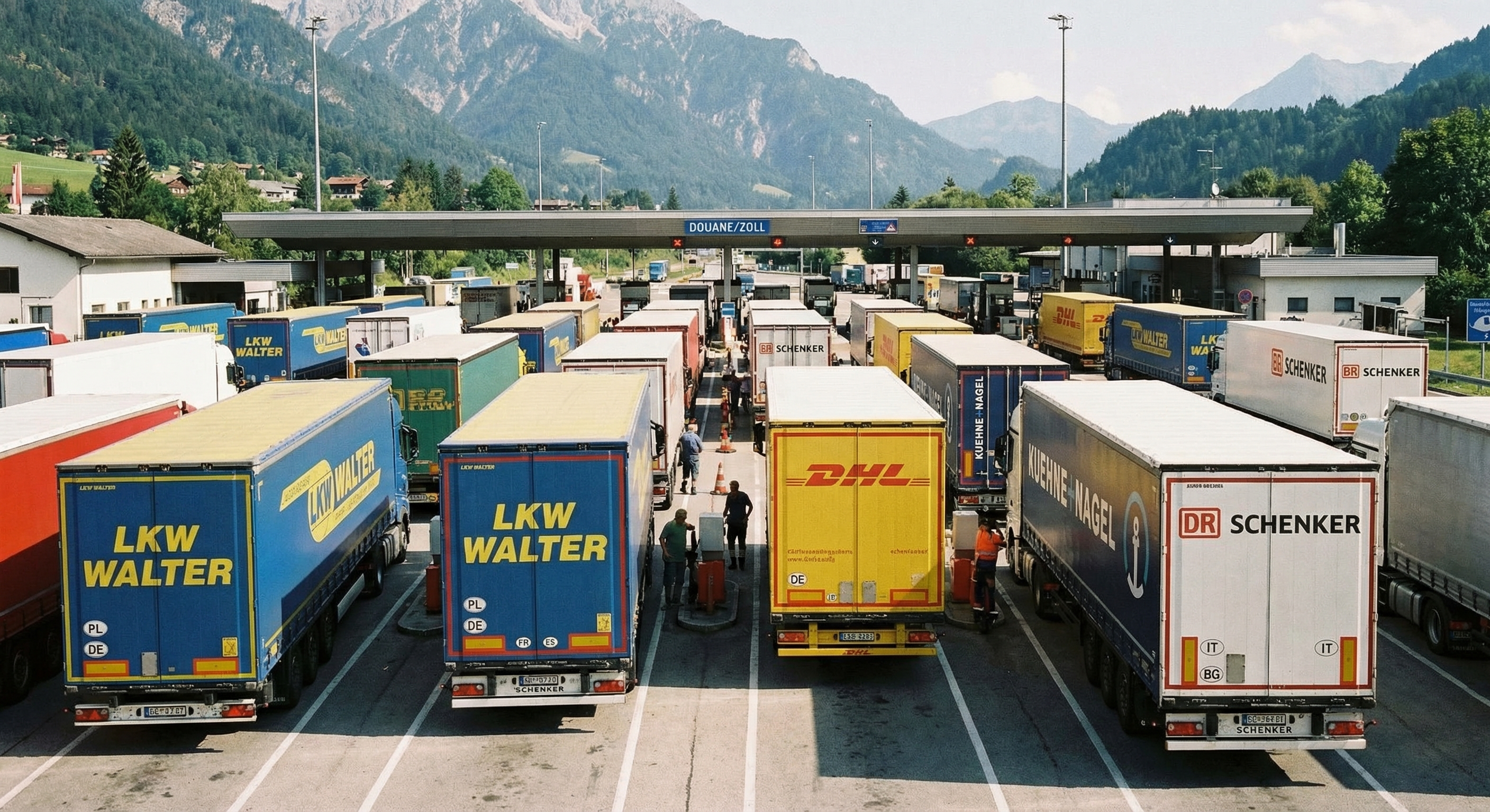 Meerdere vrachtwagens bij een Europese grensovergang of truckstop in daglicht