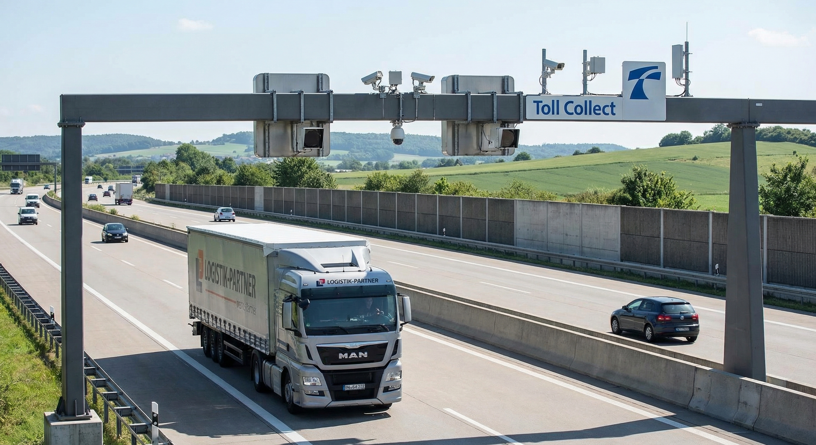 Vrachtwagen rijdt onder Duitse tolpoort op een Autobahn met Toll Collect infrastructuur zichtbaar