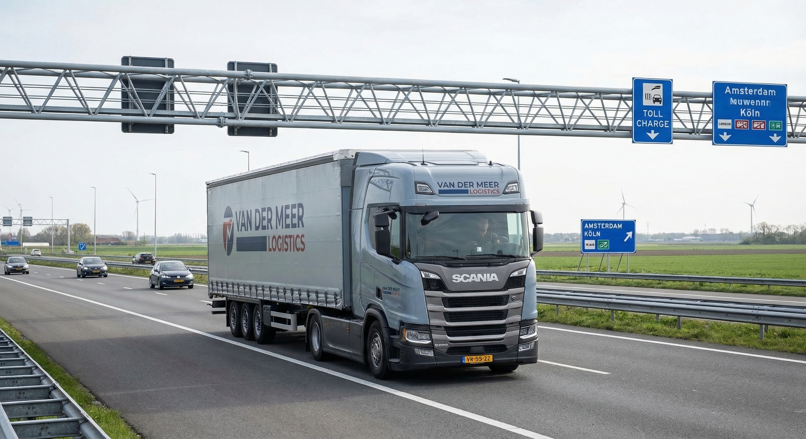 Zware vrachtwagen op Europese snelweg onder een tolgateway in daglicht