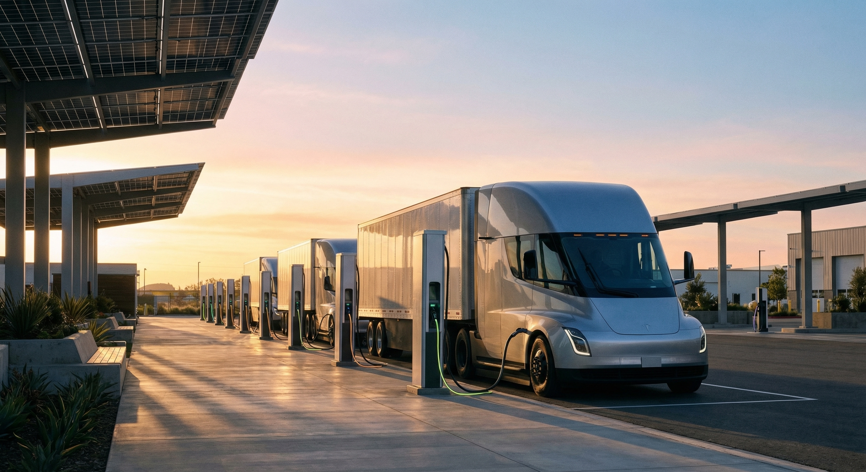 Rij elektrische vrachtwagens die 's ochtends vroeg laden aan een modern depot met laadstations