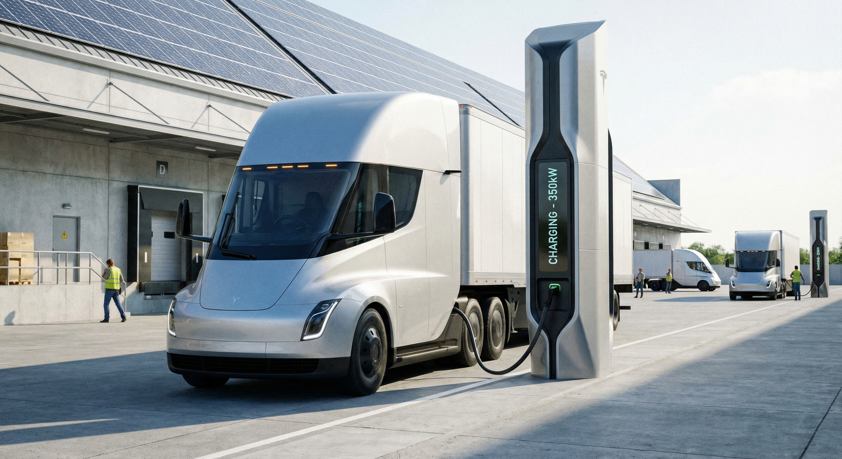 Elektrische vrachtwagen aangesloten op een laadpunt bij een warehouse loading dock