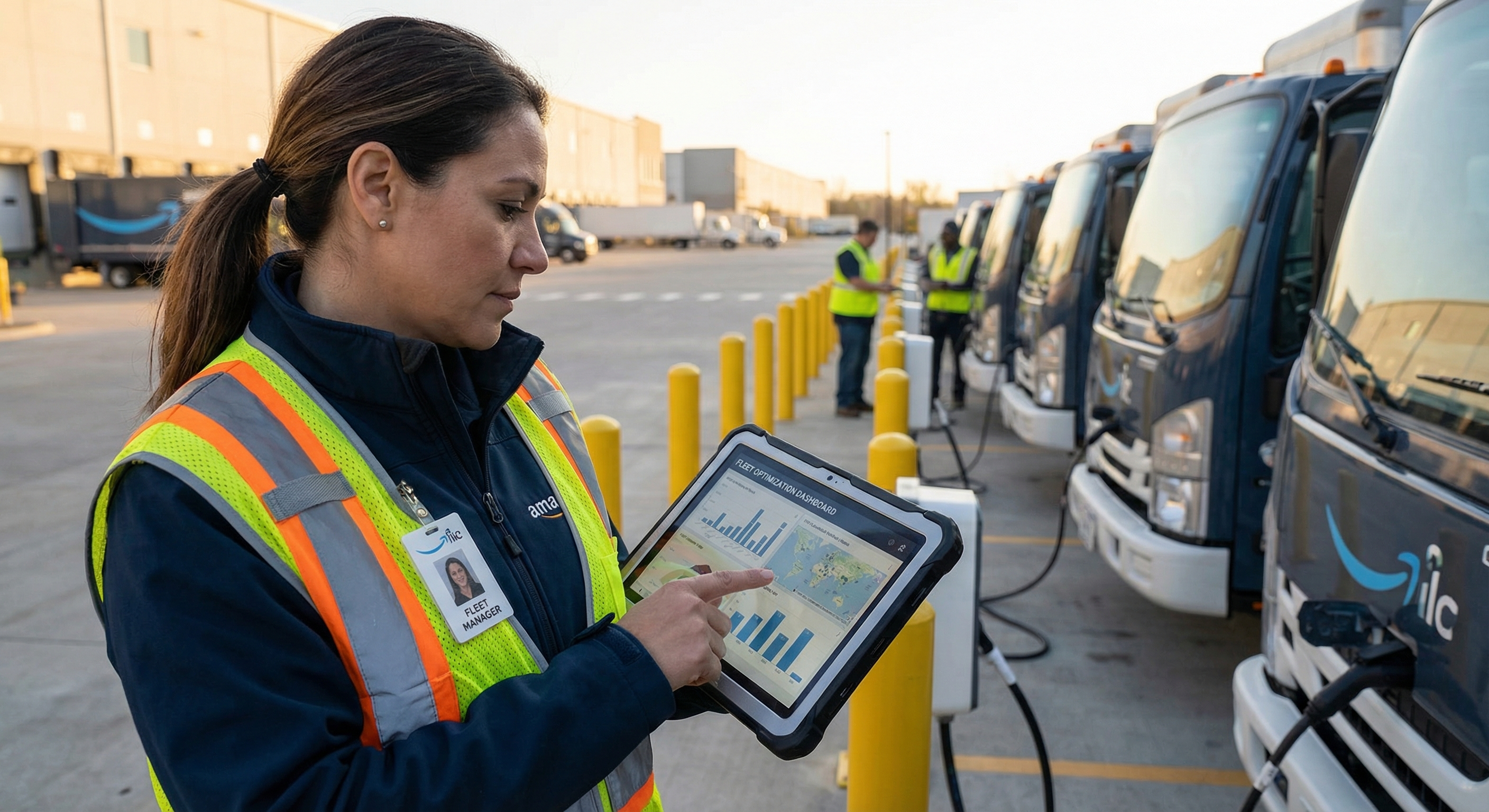 Vlootmanager bekijkt logistieke data op een tablet bij geparkeerde elektrische trucks