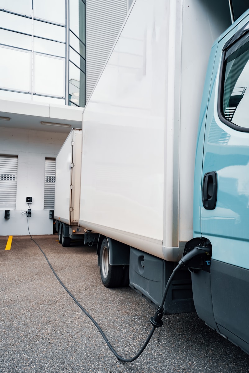 Elektrische truck bij bedrijfsomgeving als illustratie van voertuigbeschikbaarheid, laadlogica en vlootinzet rond elektrische linehaulritten