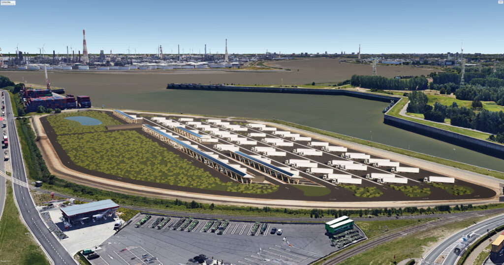 Elektrische vrachtwagen aan een laadstation als illustratie van flexibel truckladen, netcongestie en slim laden buiten piekuren