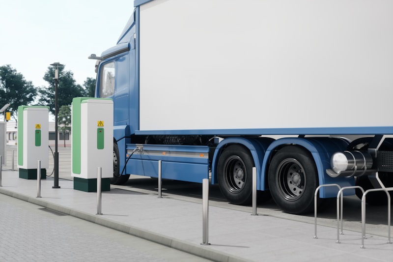 Elektrische vrachtwagen bij laadpalen als illustratie van serieproductie, laadinfrastructuur en inzetzekerheid
