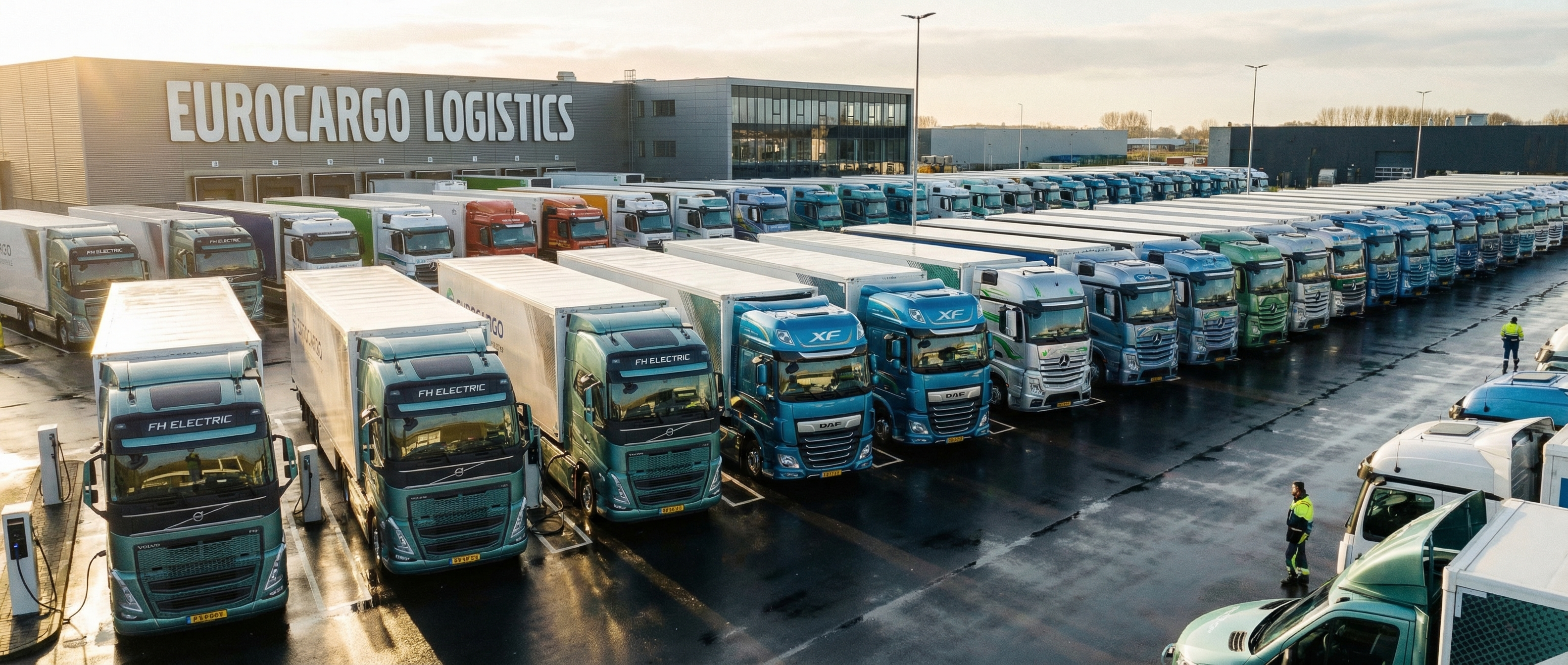 Vloot elektrische vrachtwagens van diverse merken opgesteld bij een Europees transportdepot in ochtendlicht