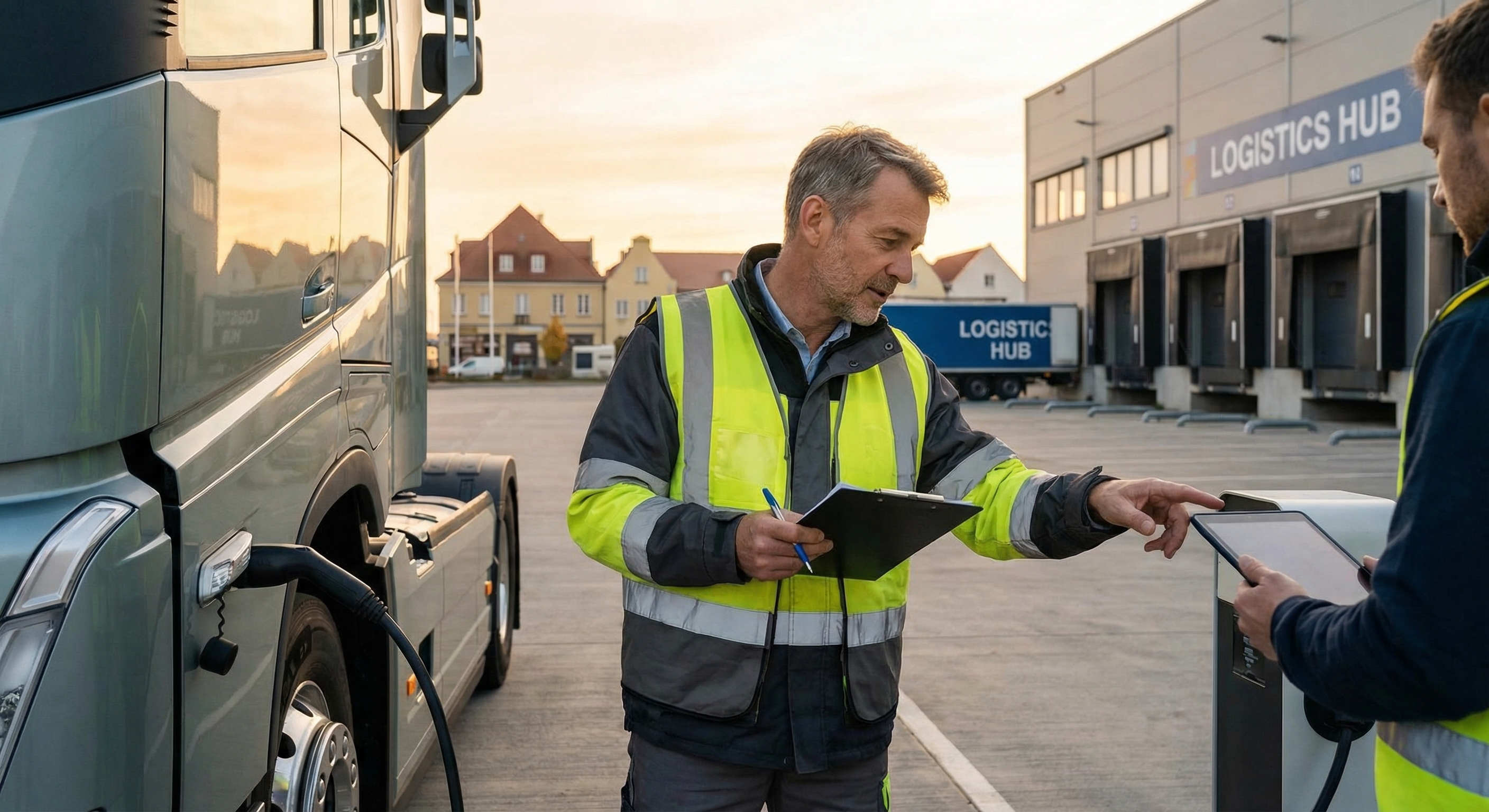 Vlootbeheerder inspecteert een elektrische vrachtwagen bij een laaddok op een Europees logistiek terrein