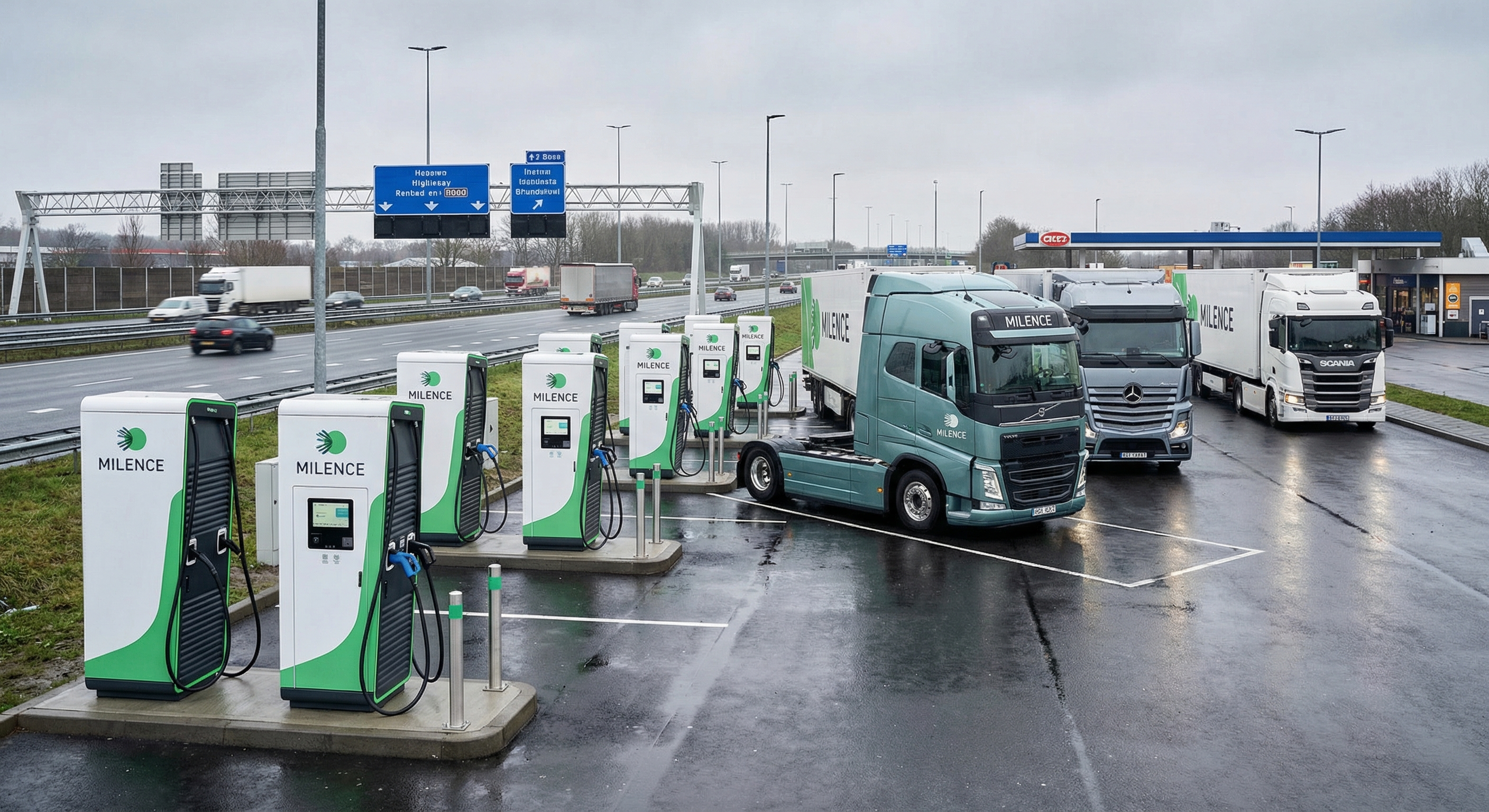 Publieke laadhub voor elektrische vrachtwagens langs een Europese snelwegcorridor met meerdere laadstations