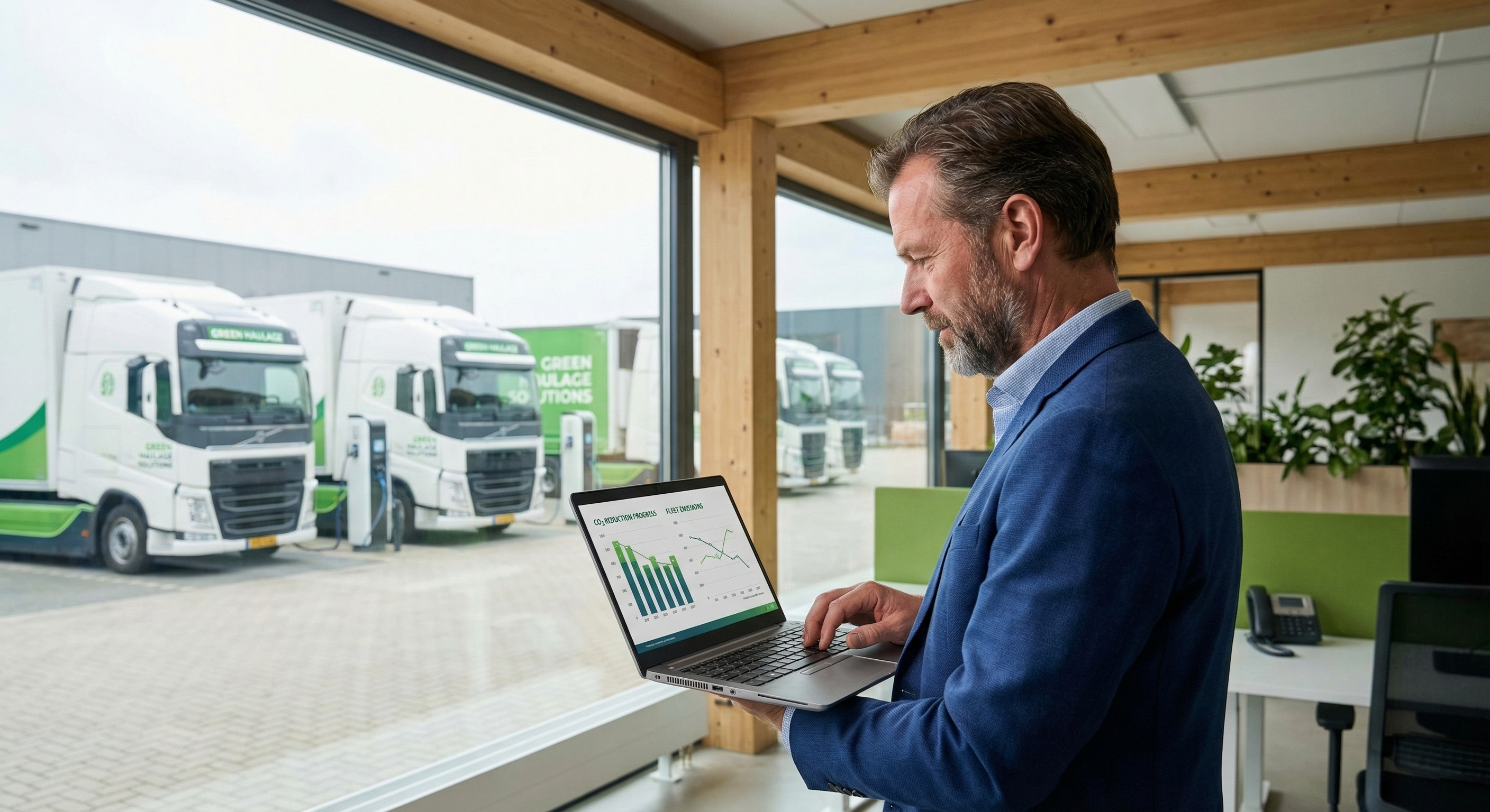 Vlootmanager bekijkt CO₂-rapportage dashboard met elektrische trucks zichtbaar door het kantoorvenster