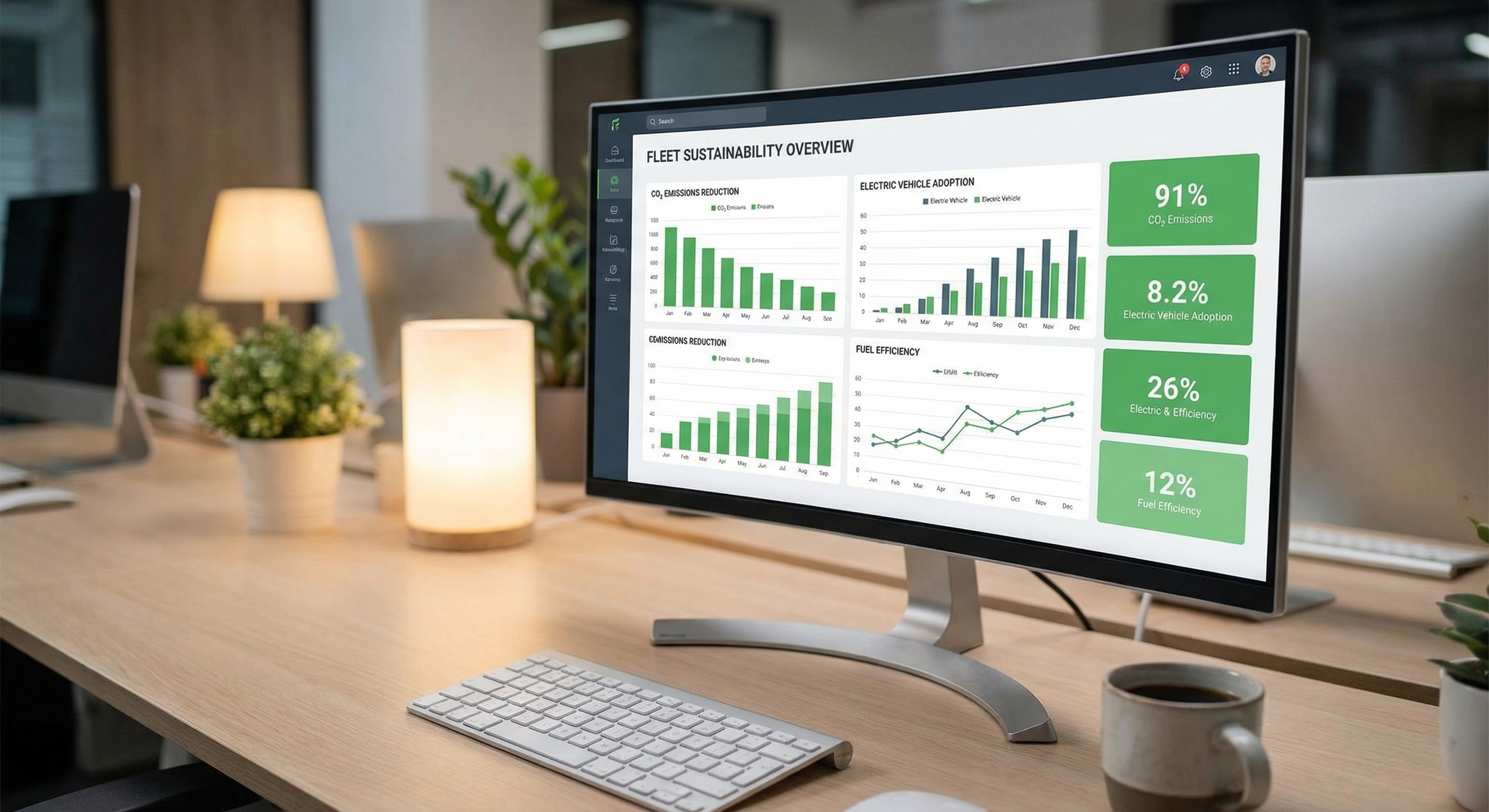 Duurzaamheidsdashboard op computerscherm met CO₂-emissiegrafieken en groene prestatie-indicatoren