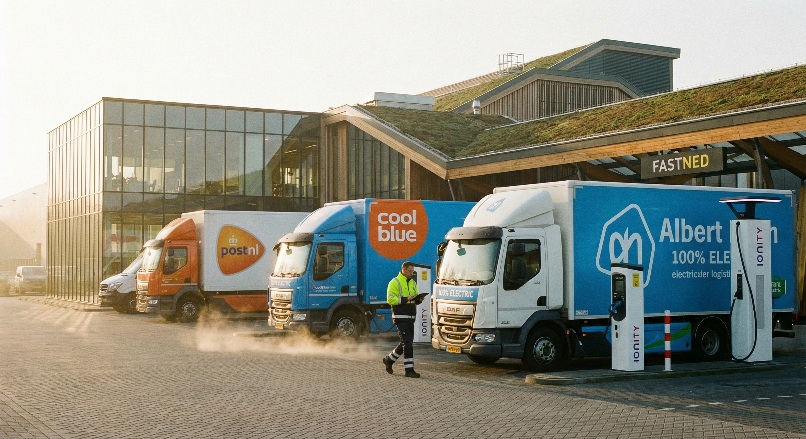 Rij elektrische trucks bij een modern Nederlands logistiek centrum met laadinfrastructuur in de vroege ochtend