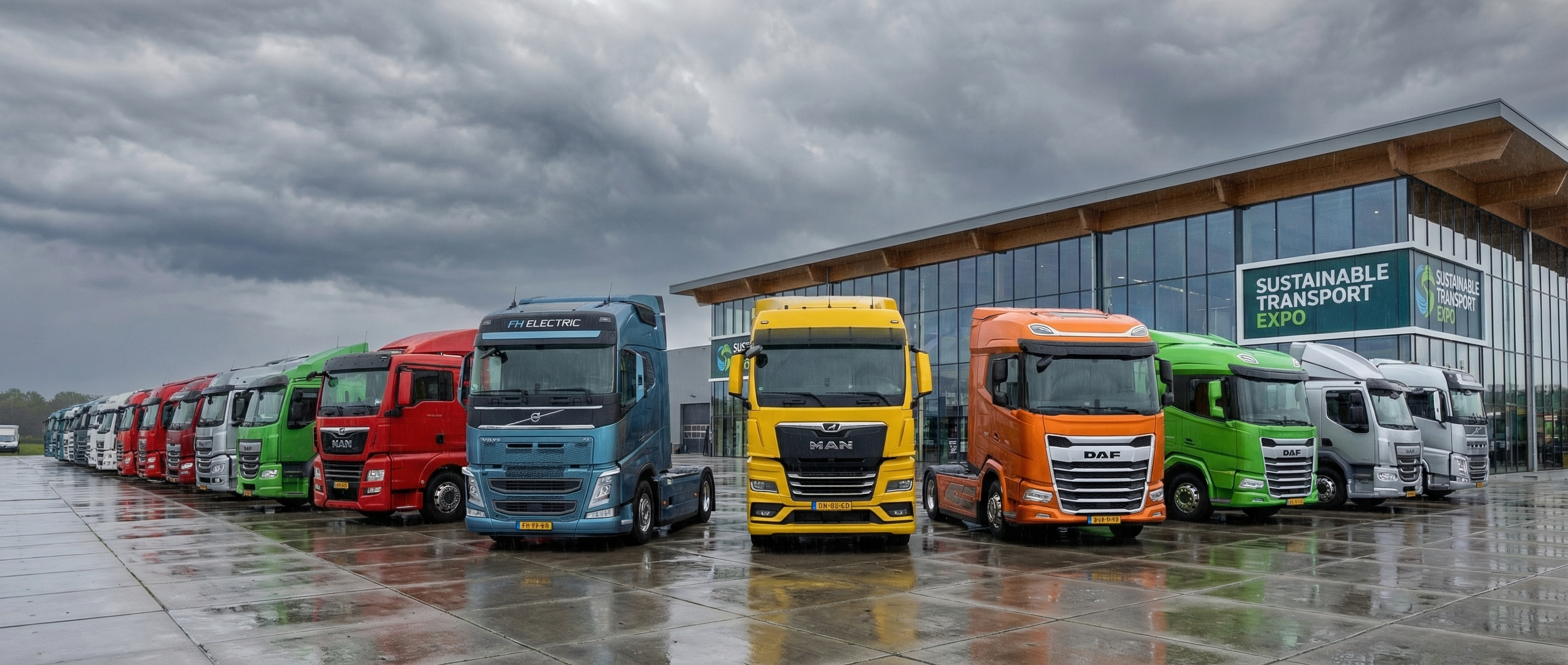 Rij nieuwe elektrische vrachtwagens van verschillende Europese fabrikanten op een transportbeurs