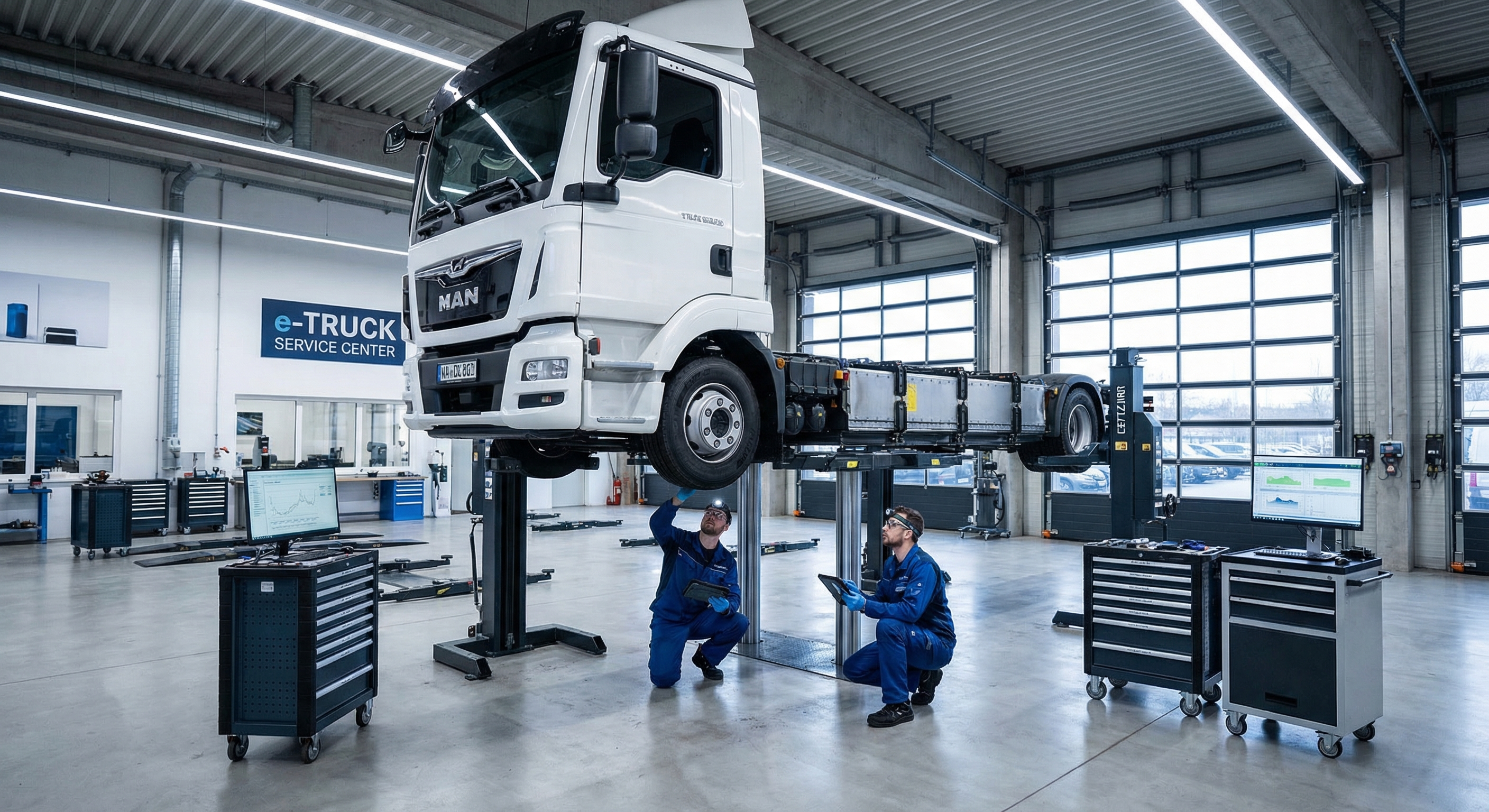 Twee monteurs inspecteren het batterijpakket van een elektrische vrachtwagen in een moderne werkplaats