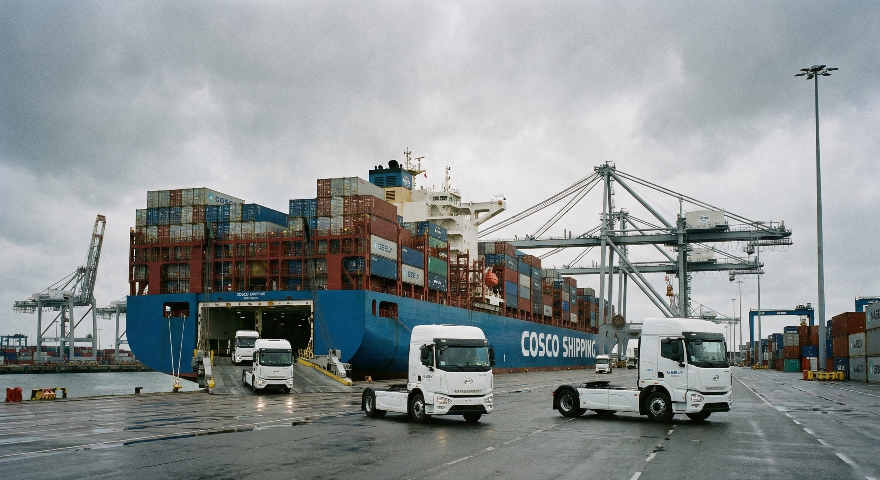 Elektrische vrachtwagens worden gelost van een containerschip in een Europese haven