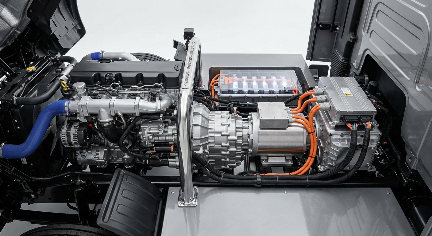 Close-up van een hybride aandrijflijn met elektromotor en dieselgenerator naast elkaar in een truck