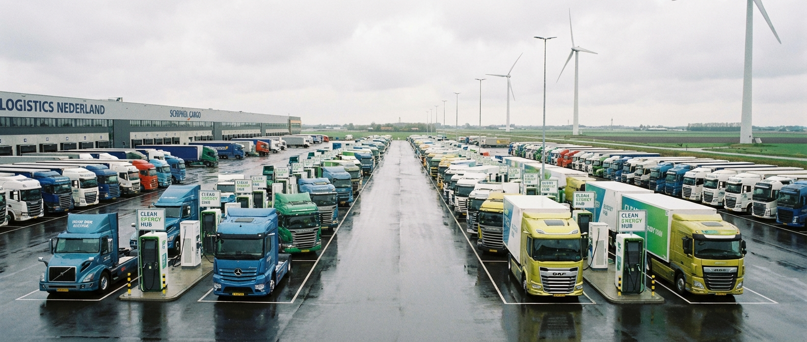 Vloot van gemixte elektrische en diesel vrachtwagens bij een groot Nederlands logistiek depot met laadstations