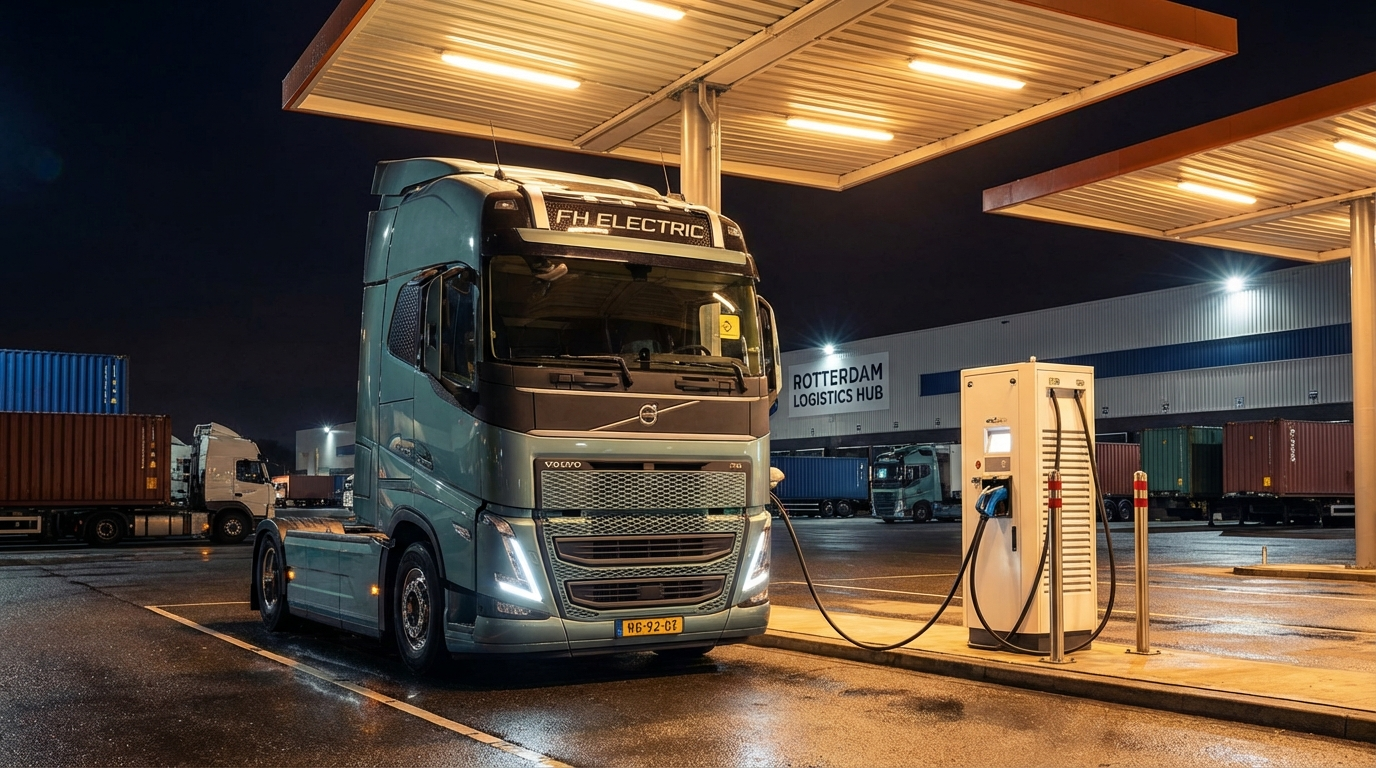 Elektrische vrachtwagen aan de lader op een depot bij nacht